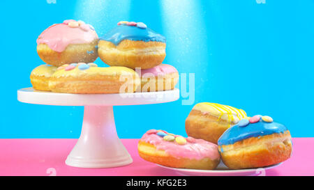 Couleur pop art style donuts et boulangerie goodies sur fond coloré lumineux, souligné par faisceau de lumière scintillante Banque D'Images