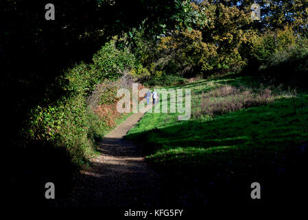 Senior couple walking on path, Pulborough Brooks, une réserve naturelle RSPB, West Sussex, Angleterre, Royaume-Uni Banque D'Images