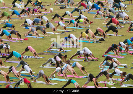 Atlanta, GA, États-Unis - 2 juillet 2017 : des dizaines de personnes font la pose du chien face vers le bas alors qu'elles prennent part à un cours de yoga en groupe gratuit à Atlanta Park. Banque D'Images