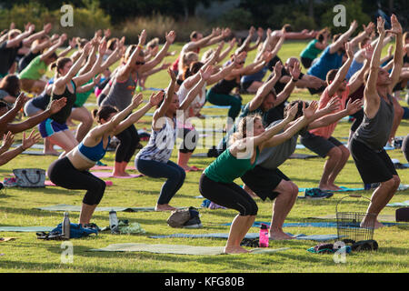 Atlanta, GA, États-Unis - 2 juillet 2017 : des dizaines de personnes font une pose de yoga alors qu'elles participent à un cours de yoga en groupe gratuit à l'Old Fourth Ward à Atlanta. Banque D'Images