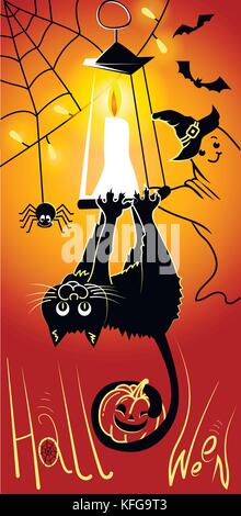 Illustration, carte de vœux, sur un halloween de sous la forme d'un drôle de tête de chat noir, smiling ghost et citrouille. silhouettes noires sur un Illustration de Vecteur