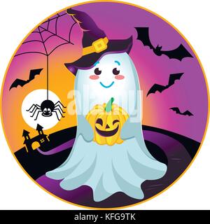 Icône d'un halloween de sous la forme d'un sourire, genre ghost tenant une citrouille dans le contexte de la souris volante, une araignée et un château. Illustration de Vecteur