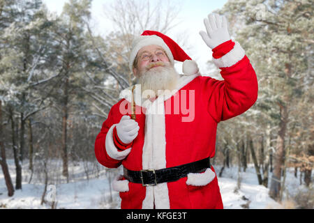 Agitant les mains avec santa père noël à l'extérieur. vers le haut avec pipe, fond nature. Banque D'Images