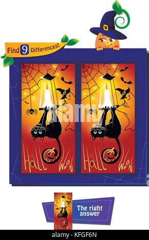 Jeu visuel pour enfants et adultes. tâche de trouver 9 différences. jeu éducatif pour les enfants. cartoon vector illustration sur halloween, Black Cat Illustration de Vecteur