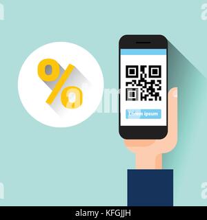 Tenir la main l'analyse smart phone qr code avec  % message votre concept de vente Illustration de Vecteur