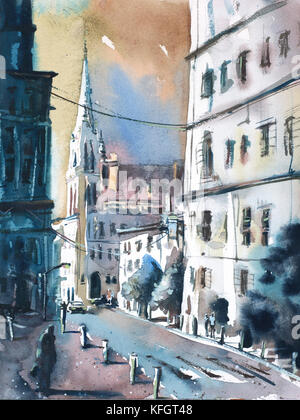 Scène paysage urbain imaginé sur aquarelle par Raleigh, NC artiste Ryan Fox Banque D'Images