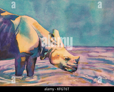 Fine art aquarelle la peinture batik des rhinocéros l'eau potable. Banque D'Images