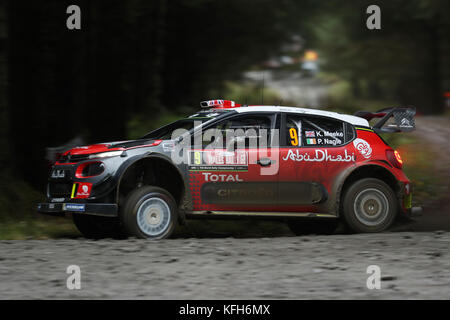 Kris Meeke, de Grande-Bretagne, et Paul Nagle, d'Irlande, se disputent dans leur Citroën Total Abu Dhabi WRT Citroën C3 WRC au cours du quatrième jour du Dayensure Wales Rally GB. Banque D'Images