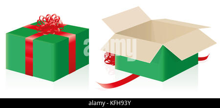 Paquet cadeau - fermé et ouvert, enveloppés pack cadeau de Noël - illustration tridimensionnelle sur fond blanc. Banque D'Images