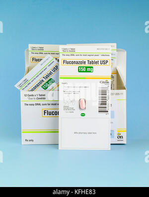 Photo d'anti-fongique médicament de prescription de Fluconazole comprimé USP pour Candida comprenant la muguet, la levure et les infections bronchiques candida.USA Banque D'Images