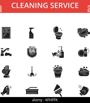 Service de nettoyage illustration, fine ligne icônes, télévision linéaire des signes, symboles, pictogrammes contour vectoriel défini, coups modifiable Illustration de Vecteur