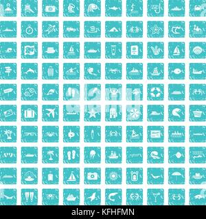 Sea life 100 icons set bleu grunge Illustration de Vecteur