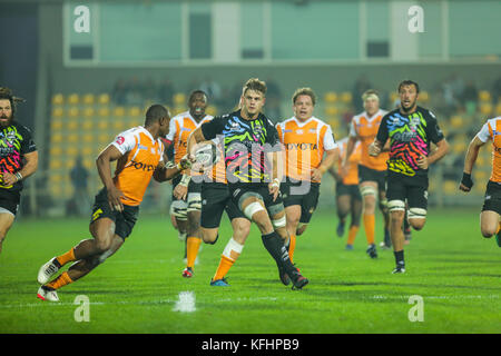 Parme, Italie. 28 octobre 2017. Zebre's flanker Johan Meyer porte le ballon dans le match contre les guépards dans PRO Guinness14 rugby championship. Massimiliano Carnabuci/Alamy Live News Banque D'Images