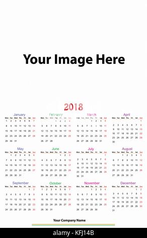 Calendrier 2018 12 mois conception imprimable et modifiable. Illustration de Vecteur