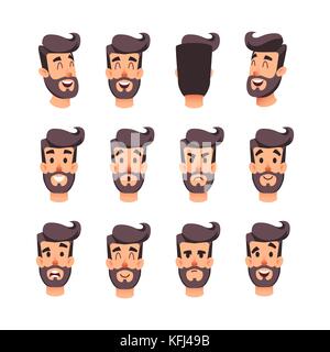 La tête de l homme avec des émotions différentes. Jeu de caractères de faces mâles à vecteur de dessin animé. Émotions faciales pour le jeu ou l'animation. Arrière, avant, tête latérale. Avatar d'un jeune homme avec différentes expressions visage. Illustration de Vecteur