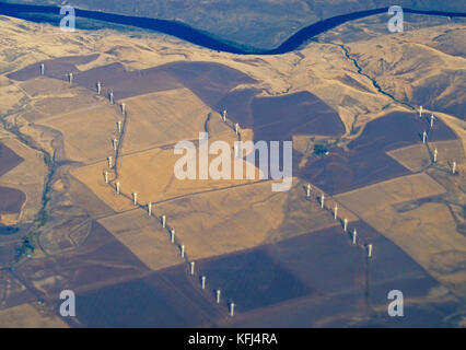 Les éoliennes dans les champs agricoles dans l'Est de l'oregon. Banque D'Images