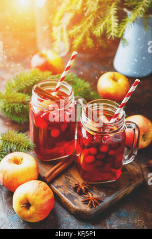 Vin chaud de Noël avec les canneberges, les pommes, les étoiles d'anis, la cardamome et la cannelle Banque D'Images