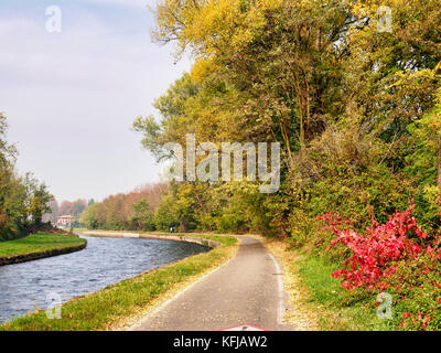 Piste cyclable le long du Naviglio Grande à partir de abbiategrasso à turbigo (Lombardie, Italie), près de Lesmo, à l'automne Banque D'Images