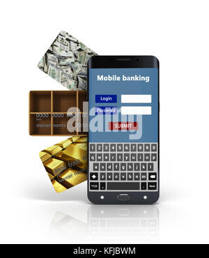 Concept de services bancaires mobiles, avec un écran blanc allongé sur le smartphone cartes de crédit bancaires 3D render Banque D'Images