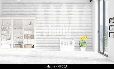 Scène avec tout nouvel intérieur en vogue avec rack blanc et lit de bébé. Le rendu 3d. entente horizontale. Banque D'Images