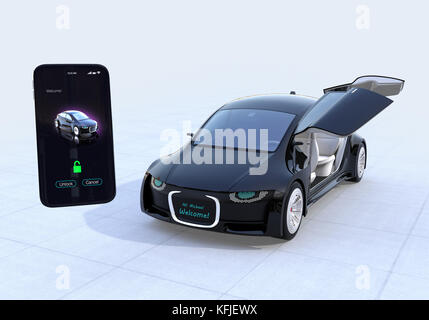 Utilisation de smart phone app partage pour déverrouiller les portes de voiture. voiture concept de partage. Le rendu 3d image. Banque D'Images
