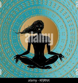 Jeune femme silhouette. hand drawn poster. méditation dans lotus poser. le Padmasana silhouette de jeune fille. Illustration de Vecteur