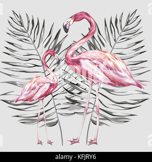 Deux flamants roses avec feuilles tropicales.element pour la conception d'invitations, affiches, tissus et autres objets. Banque D'Images