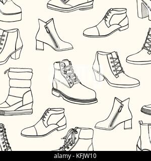 Illustration vecteur de femmes seamless pattern dessiné à la main avec des chaussures d'hiver chaussures pour l'élégance de la mode. femme de confort pour les jambes. Illustration de Vecteur