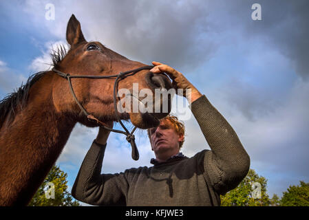 Close up portrait of horse whisperer / praticien l'équitation naturelle cheval warmblood belge brun tenant à l'extérieur Banque D'Images