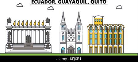 L'Equateur, Guayaquil, Quito contours city skyline, illustration linéaire, bannière, monument, voyage silhouette vecteur,bâtiments Illustration de Vecteur