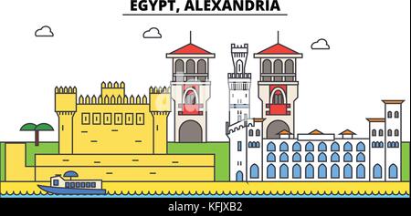 L'Égypte, Alexandrie contours city skyline, illustration linéaire, bannière, monument, voyage silhouette vecteur,bâtiments Illustration de Vecteur