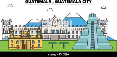 Au Guatemala , Guatemala city aperçu sur les toits de la ville, illustration linéaire, bannière, monument, voyage silhouette vecteur,bâtiments Illustration de Vecteur