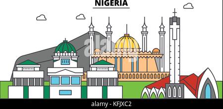 Nigéria contours city skyline, illustration linéaire, bannière, monument, voyage silhouette vecteur,bâtiments Illustration de Vecteur