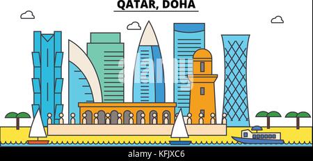 Qatar, Doha contours city skyline, illustration linéaire, bannière, monument, voyage silhouette vecteur,bâtiments Illustration de Vecteur