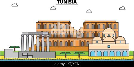 Tunisie Aperçu sur les toits de la ville, illustration linéaire, bannière, monument, voyage silhouette vecteur,bâtiments Illustration de Vecteur