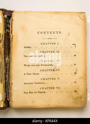 Table des matières page 1860 ancien livre d'histoire américain pour enfants d'époque appelé Harlie Stories Wild Peggie et porté dur couverture Banque D'Images