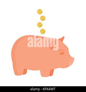 Vector illustration des pièces d'or tombant dans pink piggy bank isolé sur blanc. Illustration de Vecteur