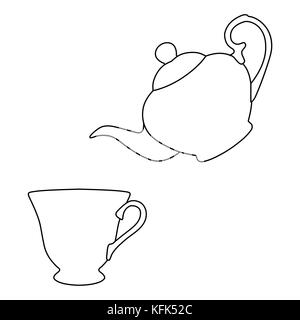 Vector illustration silhouette de théière et tasse de thé icon isolé sur fond blanc. tea party ou le thé l'après-midi. le dessin des lignes Illustration de Vecteur