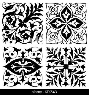 Quatre dessins symétriques folié vintage ornament en format carré avec des éléments isolés sur fond blanc - vector illustration Illustration de Vecteur