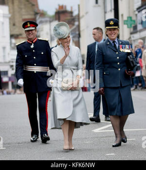 Sophie, comtesse de Wessex, assiste à la parade d'adieu à Dorking Surrey, pour honorer le personnel et les militaires du centre de réadaptation Headley court qui ferme en 2018 et déménage à Birmingham. The Countess a pris le salut devant un haut emballé mettant en vedette : Sophie, Countess of Wessex où : Dorking, United Kingdom When : 29 Sep 2017 Credit : Paul Taylor/WENN.com Banque D'Images