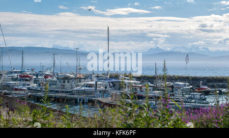 Yachts et bateaux sur un amarrage sur un fond de ciel nuageux et de montagnes, la Norvège Banque D'Images