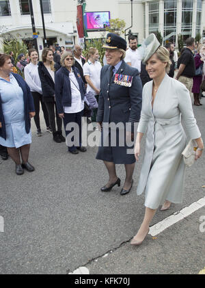 Sophie, comtesse de Wessex, assiste à la parade d'adieu à Dorking Surrey, pour honorer le personnel et les militaires du centre de réadaptation Headley court qui ferme en 2018 et déménage à Birmingham. The Countess a pris le salut devant un haut emballé mettant en vedette : Sophie, Countess of Wessex où : Dorking, United Kingdom When : 29 Sep 2017 Credit : Paul Taylor/WENN.com Banque D'Images