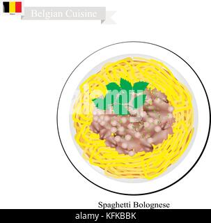 La cuisine belge, illustration de spaghettis à la bolognaise ou à la bolognaise traditionnelle avec du bœuf haché, sauce tomate, parmesan et basilic. L'un des mo Illustration de Vecteur