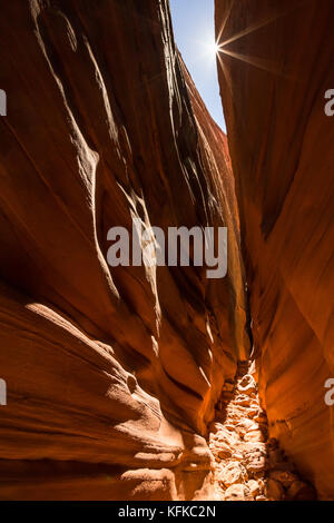 Le soleil se profile dans un étroit canyon fente dans le grand escalier Escalante National Monument. ombres et points saillants mélange sur les panneaux des parois du canyon à c Banque D'Images