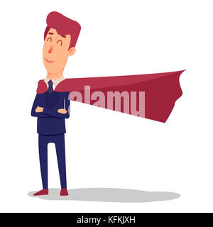 Caricature du super-héros d'entreprise en costume et en cape. Jeune superhomme de bureau de style plat. Vendeur professionnel souriant sur fond blanc. Grand boss puissant. Banque D'Images