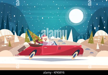 Voiture rétro conduite santa avec arbre vert et présente dans la forêt d'hiver joyeux noël et bonne année poster background Illustration de Vecteur