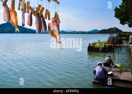 Shanghai, Ningbo, Chine. 30Th oct, 2017. NINGBO, CHINE-octobre 2017 :(usage éditorial seulement. la Chine).Le poisson salé et séché à l'air peut être vu suspendu à des poteaux à Ningbo, province de Zhejiang en Chine de l'Est. Credit : Asie sipa/zuma/Alamy fil live news Banque D'Images