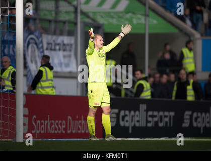 Duisburg, Deutschland. 29 octobre 2017. Gardien Jakob BUSK (Union), geste, geste, Fussball . Bundesliga, 12 ans. Spieltag, MSV Duisburg (DU) - Union Berlin 1:1, AM 29.10.2017 à Duisburg/ Allemagne. |utilisation dans le monde entier crédit : dpa/Alamy Live News Banque D'Images