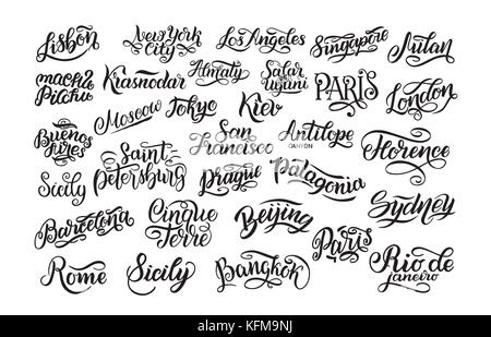Ensemble de main. lettrage plus grandes villes dans le monde. kiev, Almaty, Londres, Lisbonne, Paris, Tokyo, Moscou, New York, Buenos aires, rome, Sydney, Barcelone Illustration de Vecteur