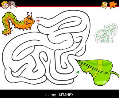 Cartoon illustration de l'enseignement ou l'activité Labyrinthe Labyrinthe jeu pour les enfants avec des insectes et des feuilles de caractères Caterpillar Illustration de Vecteur